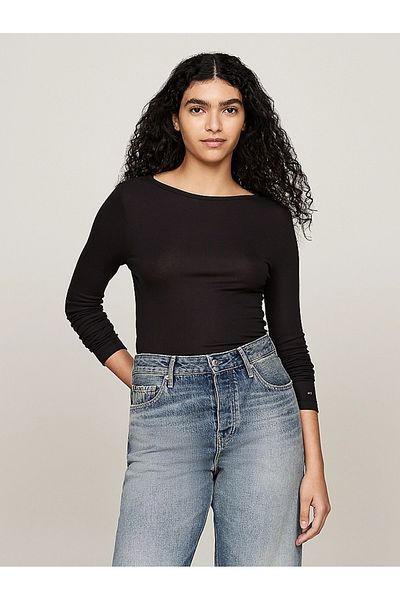 Tommy Hilfiger Dámské černé žebrované tričko s dlouhým rukávem Tommy Hilfiger