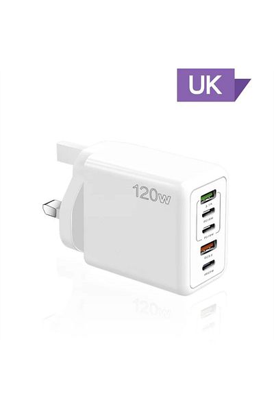 Choice UK White Total 120W USB Charger 5 Ports Type C Fast Charging Mobile Phone Wall Adapter EU/US/UK Plug