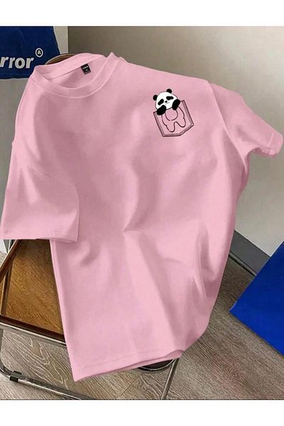 NO 601 Μπλουζάκι Unisex Pink Pocket Panda με στάμπα Oversize Loose Fit χτενισμένο βαμβακερό μπλουζάκι