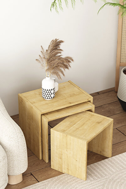 OBİ Atölye Neila 3'lü Zigon Sehpa Takımı, Çay Seti Safir Meşe Desenli İskandi...