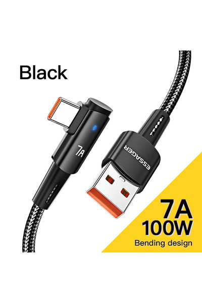 Choice كابل Essager 7A USB Type C أسود بطول 1 متر بزاوية 90 درجة لهاتف OPPO 100 وات سلك شحن سريع لهاتف Honor Huawei OneP