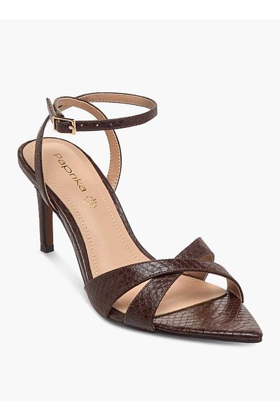 Paprika Paprika Animal Textured Cross Strap Sandals with Buckle Closure and Stiletto Heels