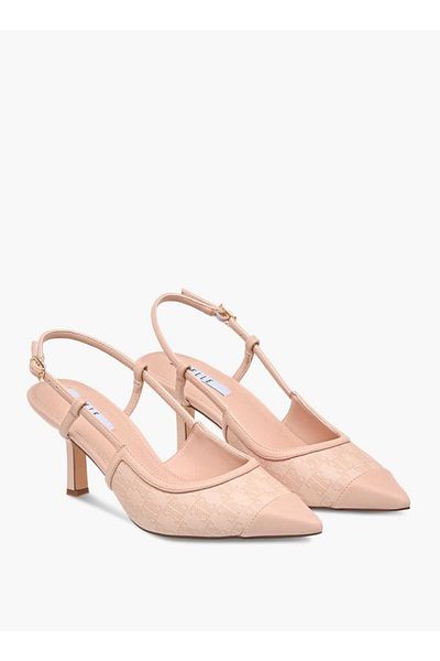 ELLE Women's Monogram Print Slingback Shoes with Buckle Closure and Kitten Heels