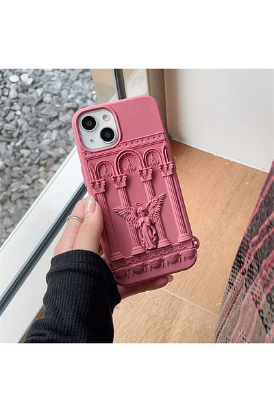 Choice جراب سيليكون ناعم لهاتف iPhone 15 بتصميم تمثال بناء عتيق وردي بنفسجي وملاك للصلاة لهاتف iPhone 15 14
