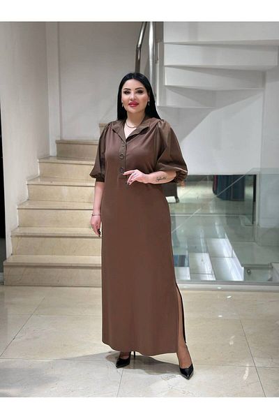 mardi exclusive Γυναικείο Πλεκτό Φόρεμα Plus Size με σχισμή - Καφέ