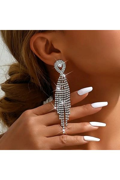 Eva Flore Silver Color 1 Pair Elegant Rhinestone Tassel Design - Dangle Earrings
