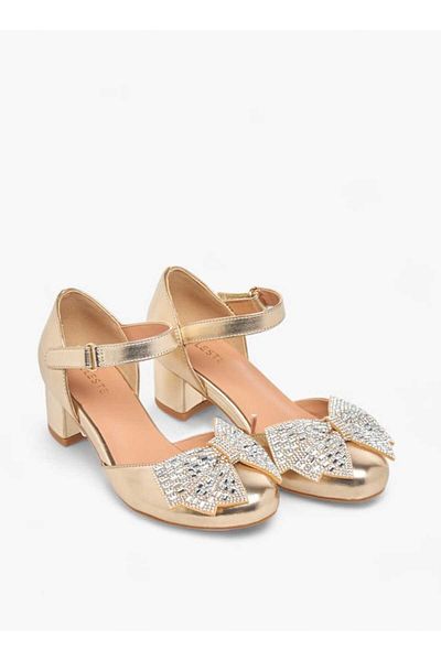 Celeste Girl's Bow Accent Block Heeled Sandals with Hook and Loop Closure