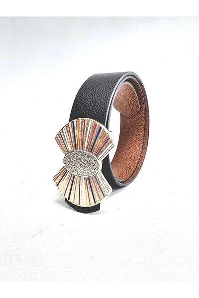 Kemerix Women's Gold Colorful Enamel Plated Buckle Reversible Black-Tan Belt