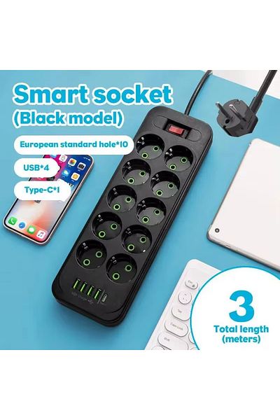 Choice EU Plug D10U 3M EU Plug AC Outlet Power Strip Multitap Extension Cord Electrical Socket With 4 USB P
