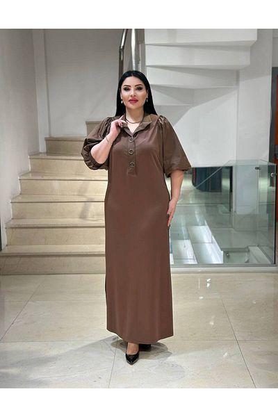 mardi exclusive Γυναικείο Πλεκτό Φόρεμα Plus Size με σχισμή - Καφέ