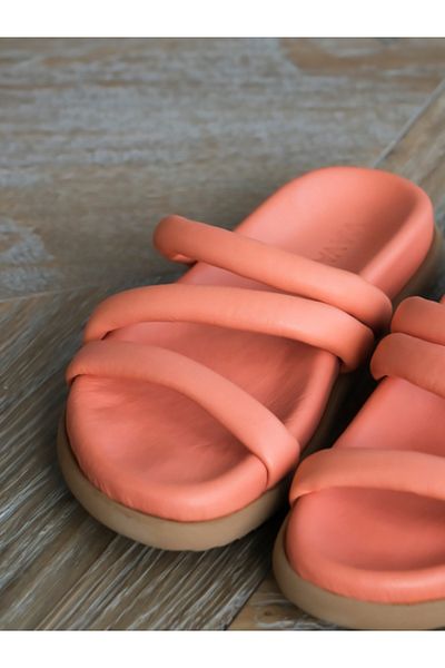 Munshoes Γυναικείες πορτοκαλί παντόφλες με χοντρή σόλα Lily από γνήσιο δέρμα