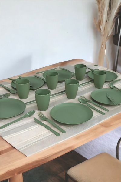 İronika Green Picnic Set for 6 People - 31 Pieces Dinner Breakfast Set with Bag, Plastic Cup and Spoon Knife