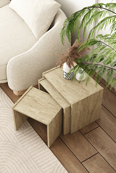 OBİ Atölye Neila 3'lü Zigon Sehpa Takımı, Çay Seti Traverten Desenli İskandin...