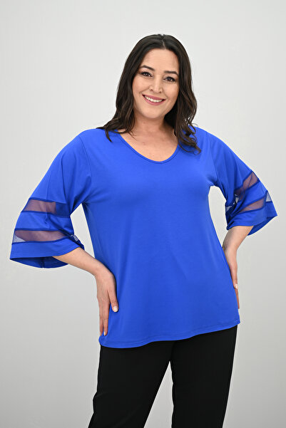 Koza Butik Γυναικεία μπλούζα με νυχτερίδα με λεπτομέρεια από τούλι 1901-25