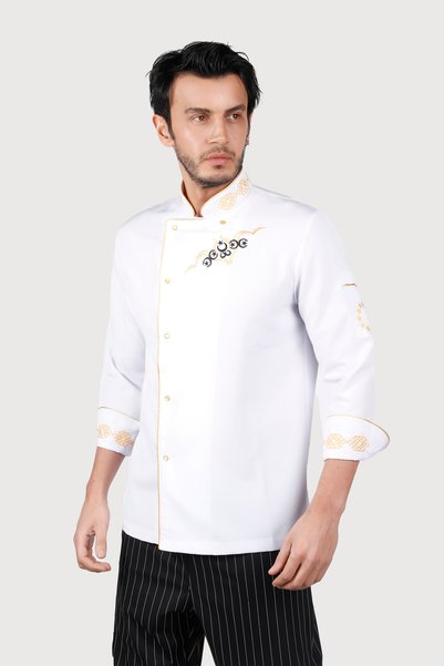 isinigiy Embroidered White Gold Yellow Piping Cook Jacket