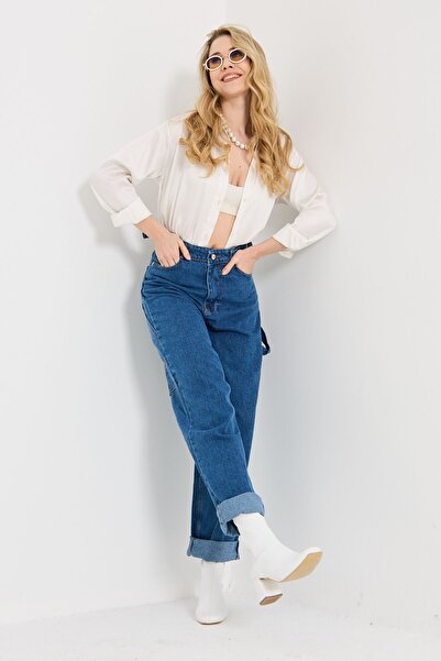 Shield Life Blue Buckle Detailed Loose Cut Wide Leg Casual Baggy Jean Jeans L...