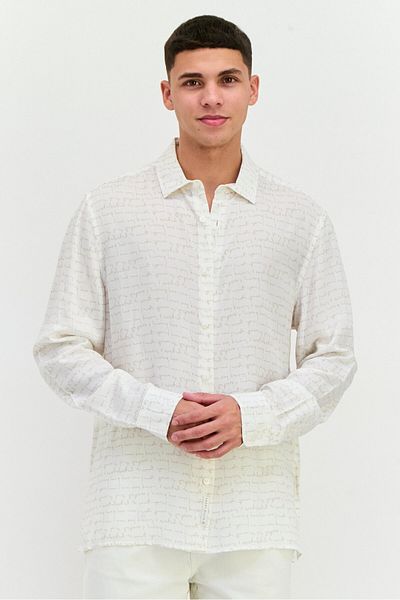 Perry Ellis Men Regular Fir Allover Print Print Long Sleeves Casual Shirt, Bright White