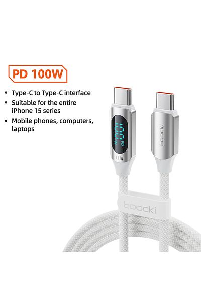 Toocki 1m 100W C- C White Toocki Type C to Type C Cable 100W PD Fast Charging Charger USB C to USB C Displa