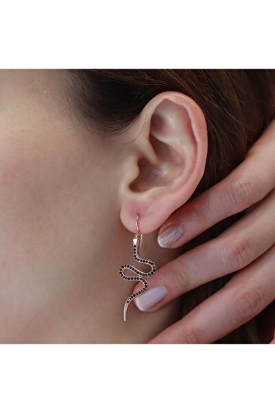 Siyah Zirkon Taşlı Rose Gold Kaplama Yılan Gümüş Küpe