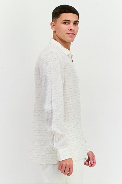 Perry Ellis Men Regular Fir Allover Print Print Long Sleeves Casual Shirt, Bright White