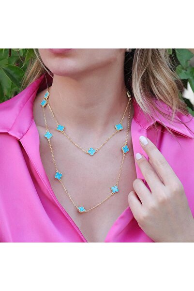 Necati Gün İkonik Alhambra Modeli Mavi Mine İşli Gold Kaplama Çift Dolamalı Gümüş Kolye