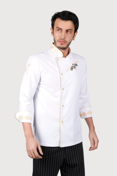isinigiy Embroidered White Gold Yellow Piping Cook Jacket