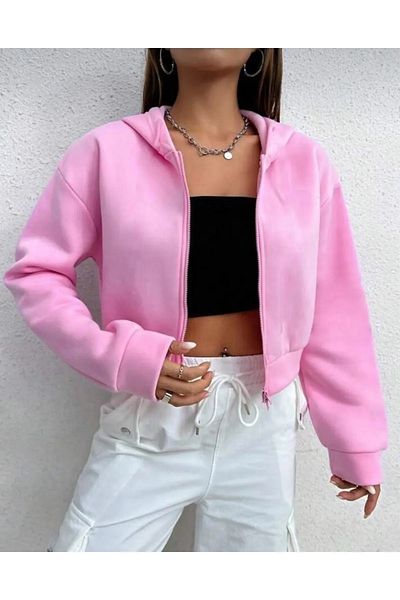 npLStore Women's Hooded Zippered Crop Cardigan Sweatshirt 3 Thread Raster