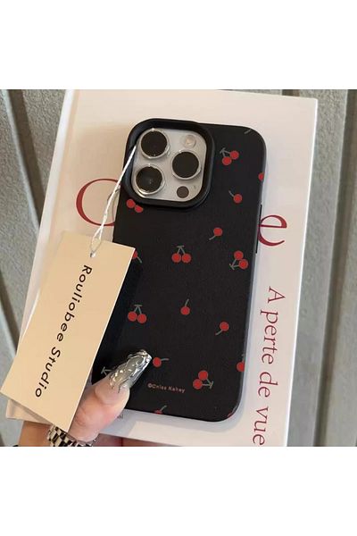 Choice جراب سيليكون أسود بنمط كرتوني لطيف من الكرز ونمط ليتشي لهاتف iPhone 13 و16 و15 و14 و13 و12
