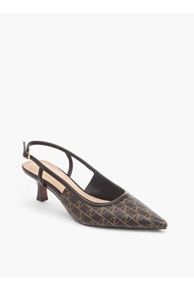 Paprika Monogram Print Slingback Shoes with Kitten Heels and Buckle Closure