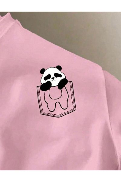 NO 601 Μπλουζάκι Unisex Pink Pocket Panda με στάμπα Oversize Loose Fit χτενισμένο βαμβακερό μπλουζάκι