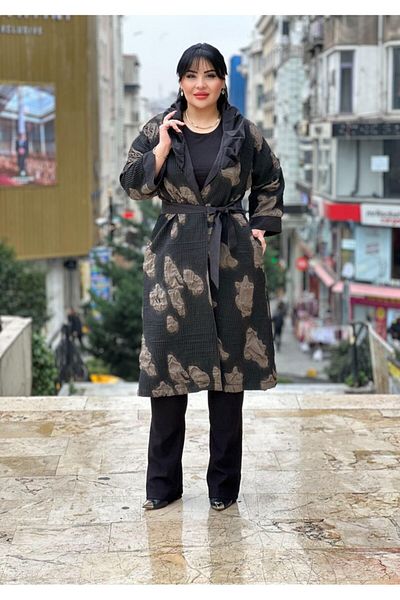 mardi exclusive Women's Plus Size Black Jacquard Kaftan Trench