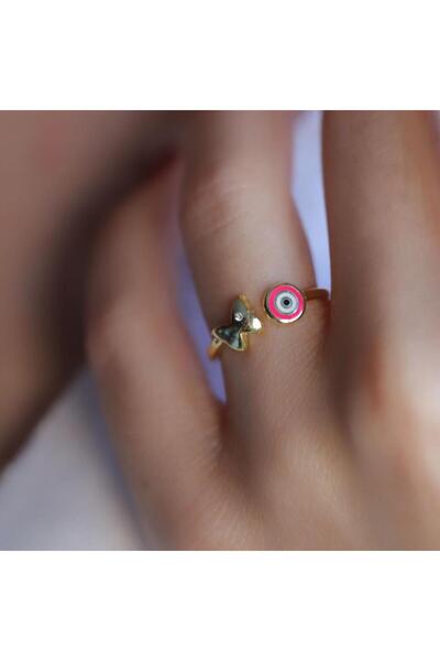 Necati Gün Gold Kaplama Nazar Boncuklu ve Kelebekli Ayarlanabilir Gümüş Yüzük