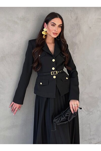 CLASSY.MODA Two Sets-Gold Belt - Button Blazer Jacket and Pleated Long Skirt Set