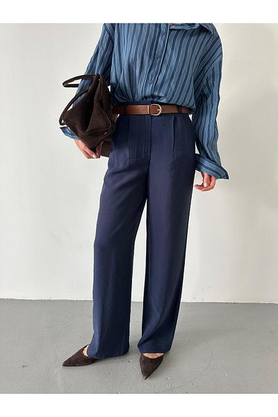 My Blog Navy Blue Double Pleated Belted Trousers - 3780