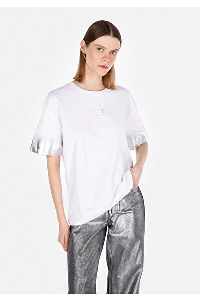 Colin's Tricou alb cu mânecă scurtă pentru femei, cu decolteu rotund, cu potr...