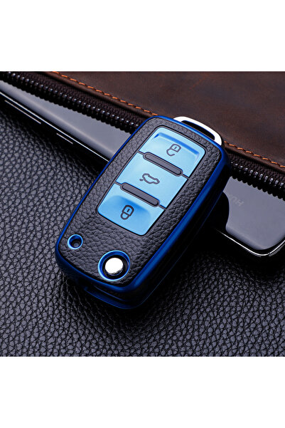 Choice3 حافظة مفاتيح سيارة من الجلد الصناعي باللون الأزرق مع غطاء حماية كامل ...