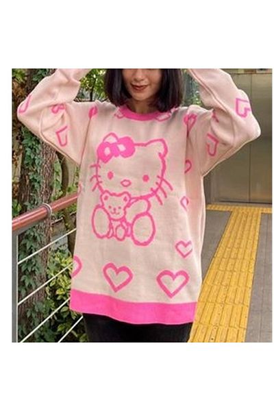 Köstebek Pink Hello Kitty - Teddy Friend Patterned Ecru Oversize Sweater