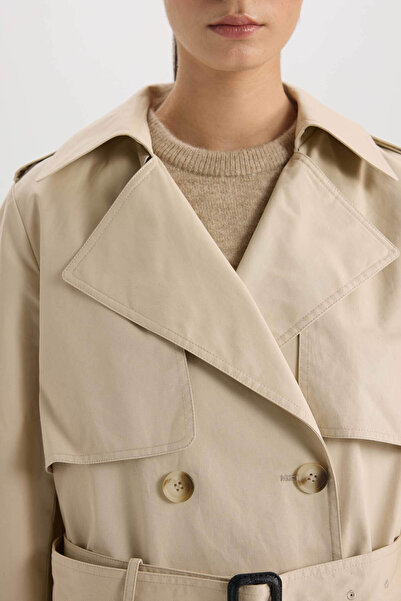DeFacto Long Trench Coat Double Breasted Neckline Button Pocket with Belt Epaulettes D5755Ax