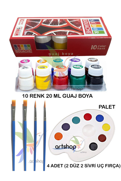 Artshop 10x20 ML Guaj Boya, Palet, 2 Düz2 Sivri Uçlu Fırça, Resim Başlangıç Sanatsal Boyama Seti