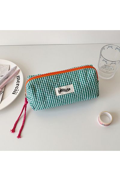 Choice green INS Style Large Capacity Plaid Cloth Pencil Case Korean Style Cloth Makeup Bag Simple Style St