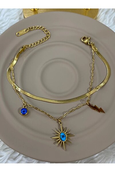 stainless steell gold renk zincirli nazar boncuğu detaylı çelik bileklik