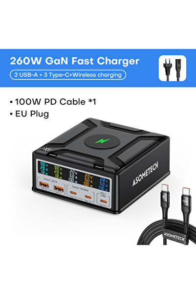 Choice شاحن ASOMETECH 260 واط GaN مع كابل 100 واط، شاشة رقمية، شاحن USB Type ...