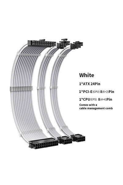 Choice كابل تمديد PSU TEUCER 30 سم أبيض 30 سم مجموعة 3 في 1 للوحة الأم ATX 24Pin GPU PCI-E 6+2Pin 8Pin CP
