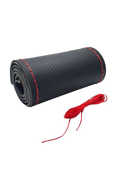 Choice Black red (mesopore) Universal Leather Car Steering Wheel Stitch On Wrap Cover Fit for 38cm 14" DIY