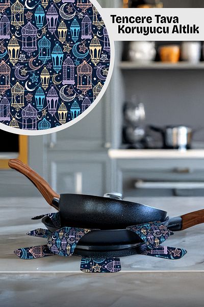 Artikel Ramadan Patterned, Printed 2-Piece Saucepan, Pot and Pyrex Protective Non-Scratching Felt 4 Coasters