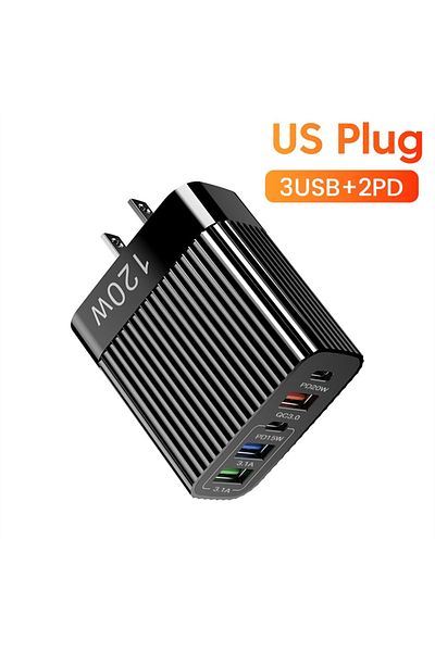Maerknon Black US USB Fast Charger 5 Ports PD Type C Quick Charge Phone Charger Adapter For iPhone 15 Pro Sam