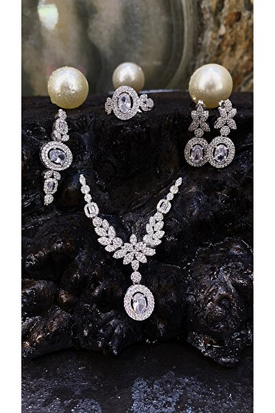 TRİA SİLVER 925 Ayar Gümüş Zirkon Taşlı Oval Kesim İnci Ucu Seti - Kolye, Küpe, Bileklik ve Yüzük