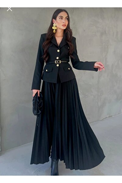 CLASSY.MODA Two Sets-Gold Belt - Button Blazer Jacket and Pleated Long Skirt Set