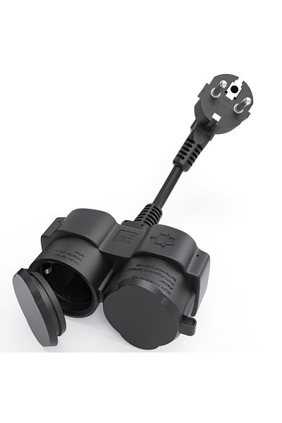 Choice black Double Plug Protective Contact Extension Cord 2 Schuko Sockets 250 V 16A with 5cm Short Cable