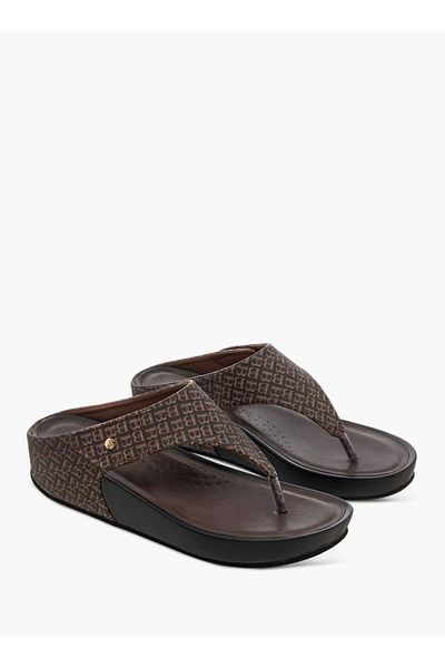 Flora Bella by Shoexpress Flora Bella Monogram Print Slip-On Comfort Sandals with Wedge Heels